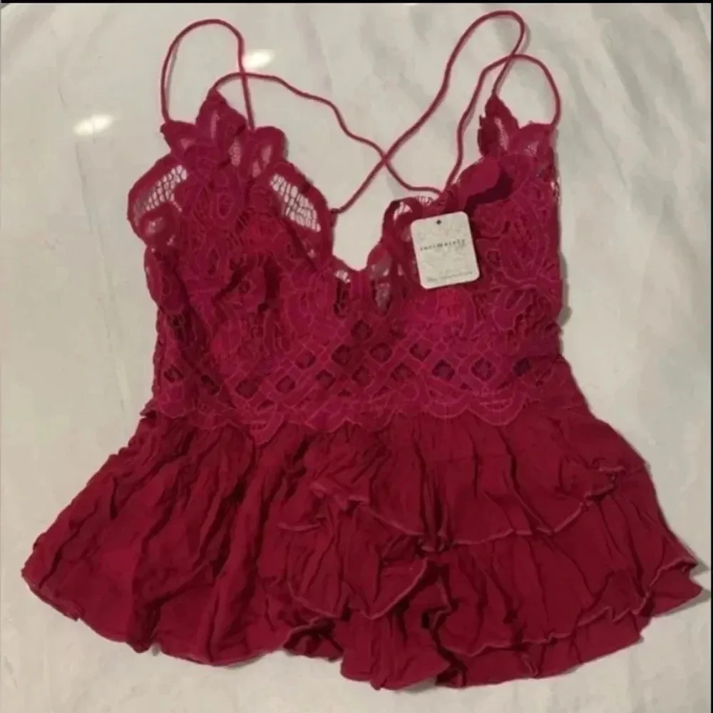 Free People Intimately Adella Ruffled Lace Cami‎ Rose Hypnotic Pink Medium